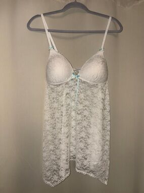 Intimo White Lace Chemise with Light Blue Ribbon
